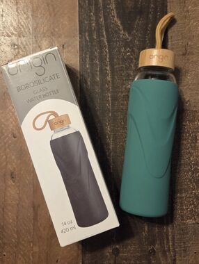 New Origin Glass Co. Pure Borosilicate Glass Water Bottle 14 Oz Nib Green Bamboo